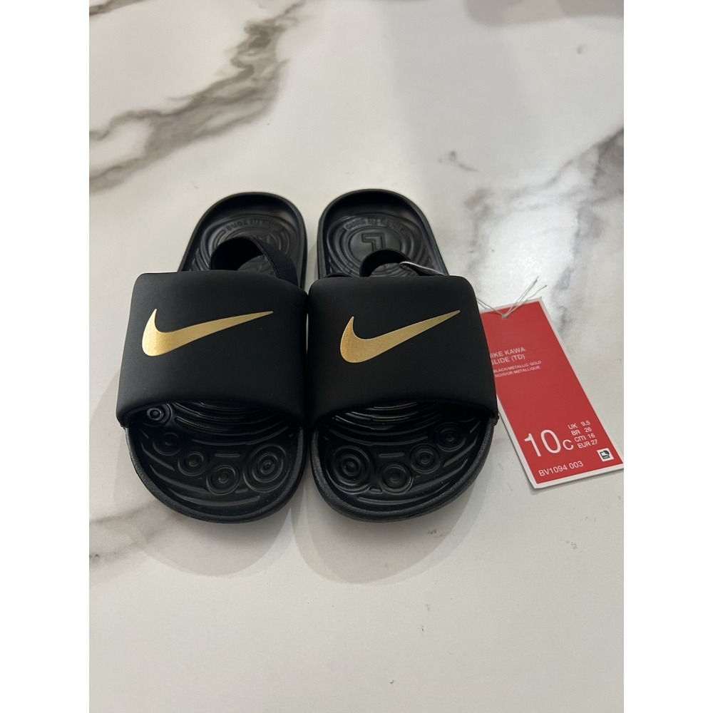 Nike Kawa Slide (TD) Toddler Sandals - Black Gold -‎ Adjustable Strap Size 10C